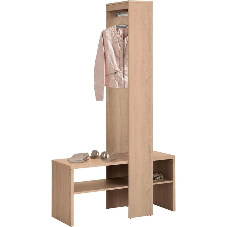 loft24 Kompaktgarderobe Henry - Garderobe Kleiderschrank Dielenschrank Schrank Garderobe mit Kleiderstange und Schuhbank, Eichenoptik, Landhausstil – Bild 2