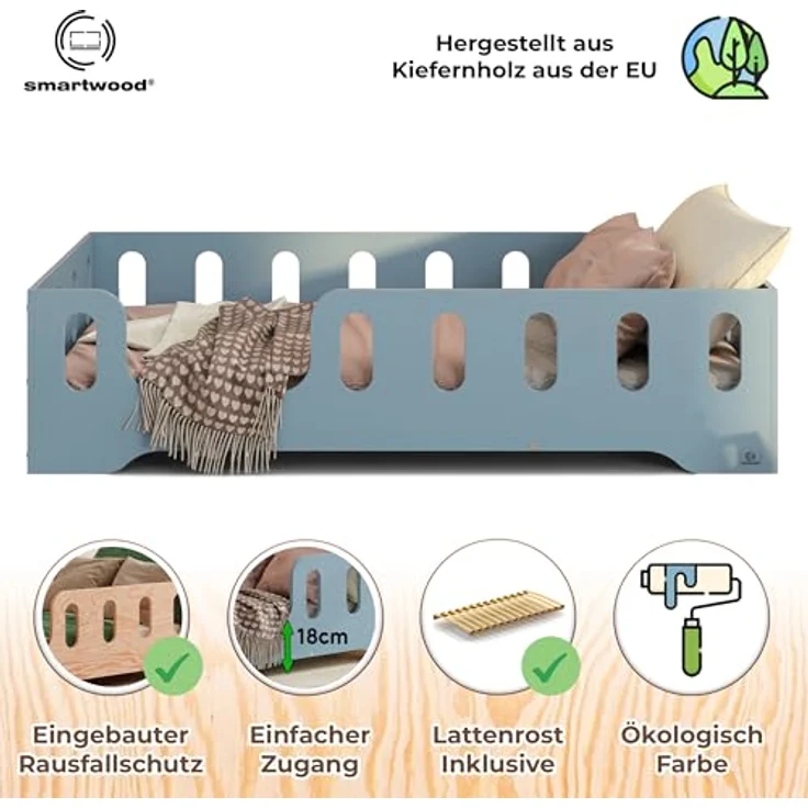 smartwood Kinderbett Bodenbett 90x200 mit Rausfallschutz & Lattenrost - Blau - Kinder Montessori Bett TILA 2L mit glatten Kanten - Betten für schnelle Montage - Bis 230 kg belastbar – Bild 4