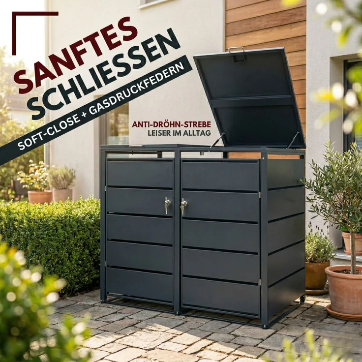 Albatros Mülltonnenbox 2er Tonne | bis 240 Liter | Anthrazitgrau RAL 7016 | verzinkter Stahl | Premium Dämpfer| Aufkleber-Set | wetterfest| verstellbare Füße| Türgriff mit Schloss | Gartenbox | entwickelt in Deutschland – Bild 2