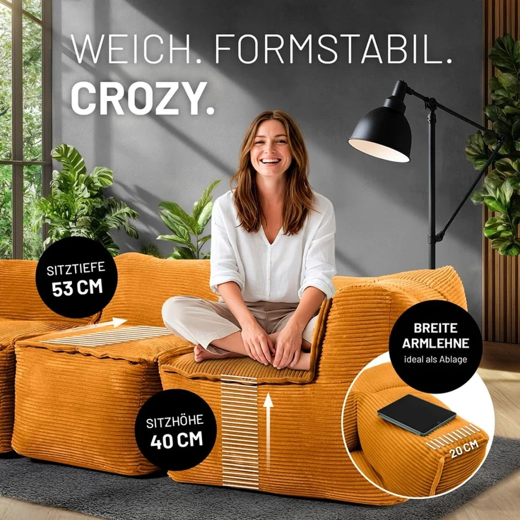 Lumaland Modulares Basic Set - Cord-Reihe | Indoor Sitzsäcke mit Softer Struktur, ideal Sofa Modulen & zum Pouf | Bean Bag mit Füllung - für Wohnzimmer & Co. – Bild 6