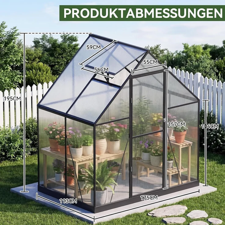 Aoxun Aluminium Gewächshaus mit Fundamentrahmen | Mehrere Ausführungen | 175Lx113Wx195Hcm | 4mm Polycarbonat Hohlkammerplatten | rostfrei, wetterfest & temperaturbeständig,Weiß – Bild 7