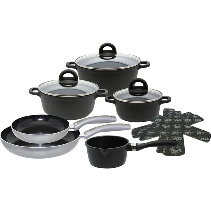 Elo Topf-Set Black, Ducato, Aluminiumguss (Set, 11-tlg, 3 Töpfe mit Deckel, 1 Stielkasserolle, 2 Bratpfannen, 2 Stapelschutz), mit hochwertiger Antihaftversiegelung, Induktion – Bild 4