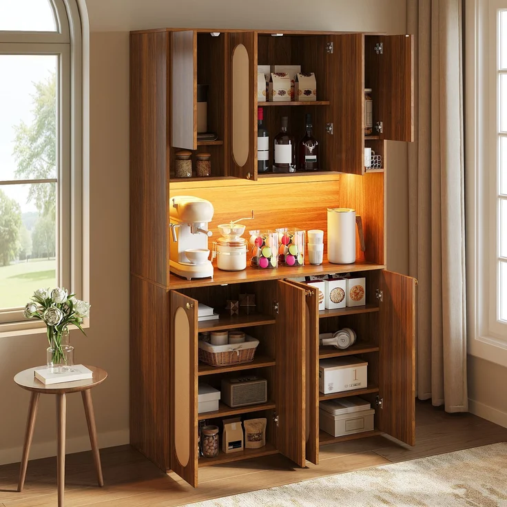 ZUBALIYA Sideboard (106 x 40 x 178 cm), LED - Beleuchtung, Gedämpftes Schließen, Fronten in Flechtoptik, Naturfarben – Bild 9