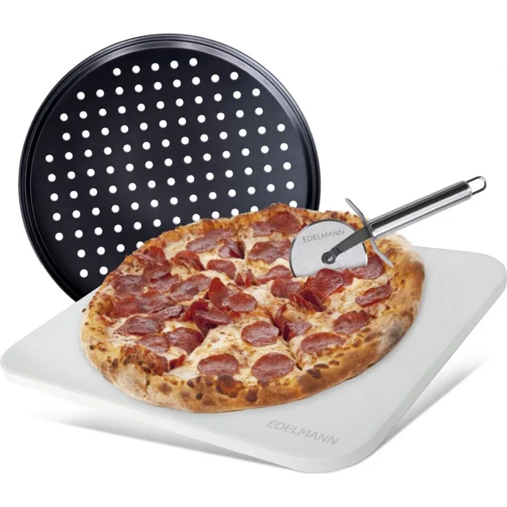 Edelmann Pizzastein Backofen & Gasgrill 3er Set + Pizzablech + Pizzaschneider