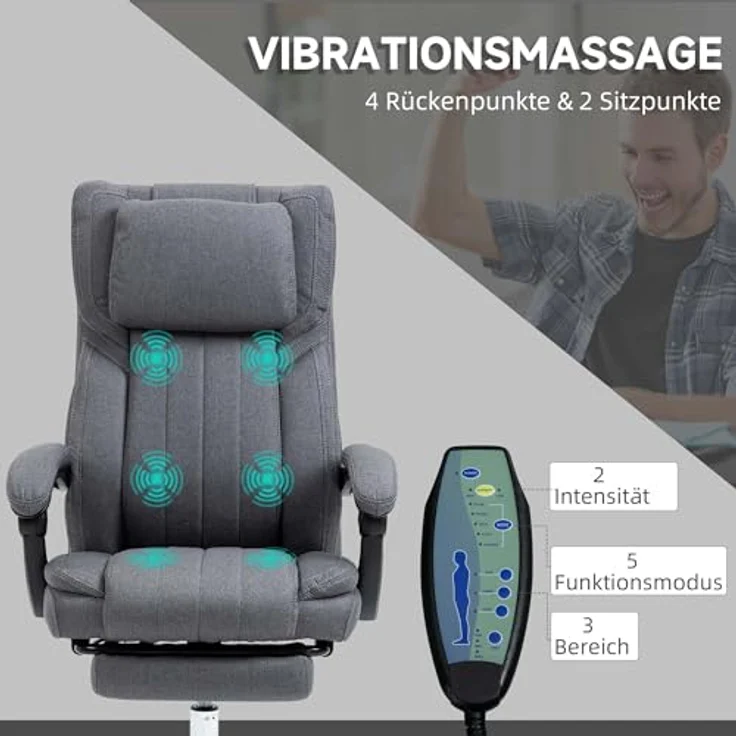 Vinsetto Bürostuhl mit Massagefunktion, Höhenverstellbar, Leinenoptik mit ausziehbarer Fußstütze und hoher Rückenlehne – Bild 4