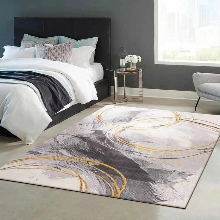 Vimoda Teppich Teppich Wohnzimmer kurzflor, Rechteckig, Schlafzimmer Flur Teppich Kreisel Muster in Gelb Creme – Bild 2