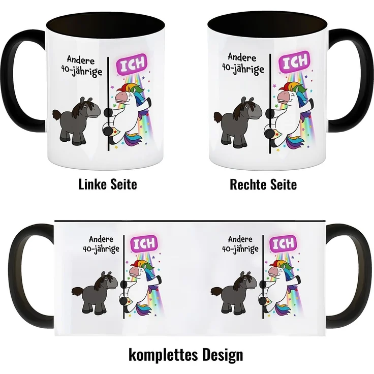 speecheese Tasse 40. Geburtstag Kaffeebecher Schwarz mit lustigem Spruch: Einhorn – Bild 4