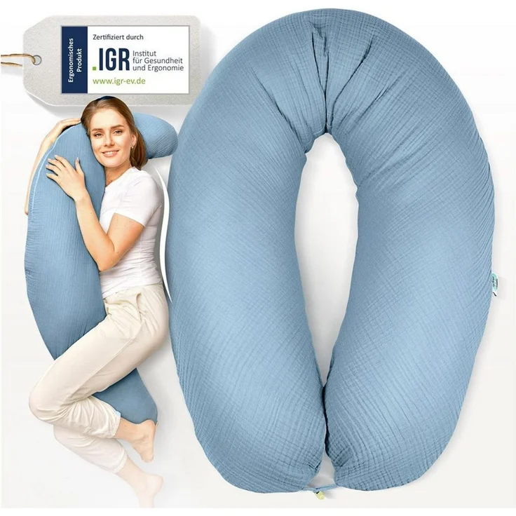 SEI Design Stillkissen Seitenschläferkissen Babynestchen mit EPS Mikroperlen, Schwangerschaftskissen mit Bezug, Schwangerschaftskissen mit Bezug, Musselin BIO Baumwolle – Bild 1