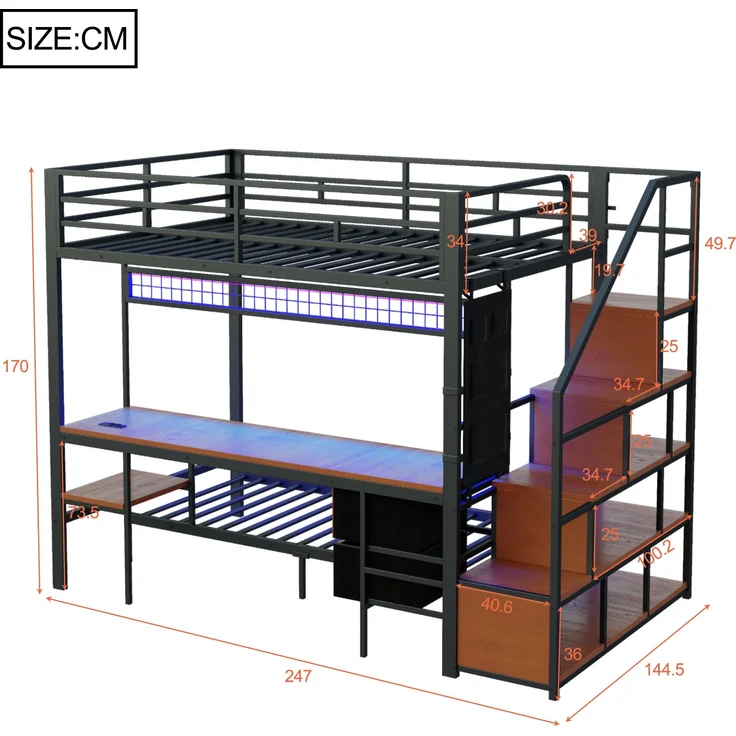 Hochbett Metall/MDF mit Schreibtisch, LED & USB-Anschluss, 140x200/90x200 cm, Schwarz, ohne Matratze – Bild 10