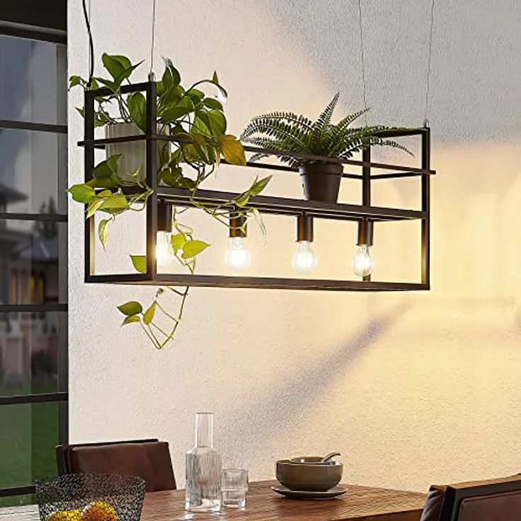 Lindby Pendelleuchte 'Grisela', Vintage Hängelampe aus schwarzem Metall mit 4x E27 Fassungen und Ablagefläche, für Wohnzimmer & Esszimmer – Bild 3