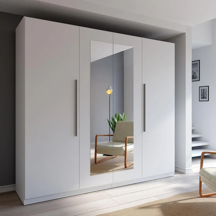 Forte Helen Kleiderschrank 230, klassischer Drehtürenschrank, 4-türig, Spiegel, Schlafzimmer, Holzwerkstoff, Weiß, 227,5 cm breit x 212,9 cm hoch x 58,9 cm tief