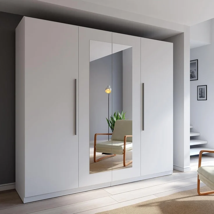 Forte Helen Kleiderschrank 230, klassischer Drehtürenschrank, 4-türig, Spiegel, Schlafzimmer, Holzwerkstoff, Weiß, 227,5 cm breit x 212,9 cm hoch x 58,9 cm tief – Bild 1