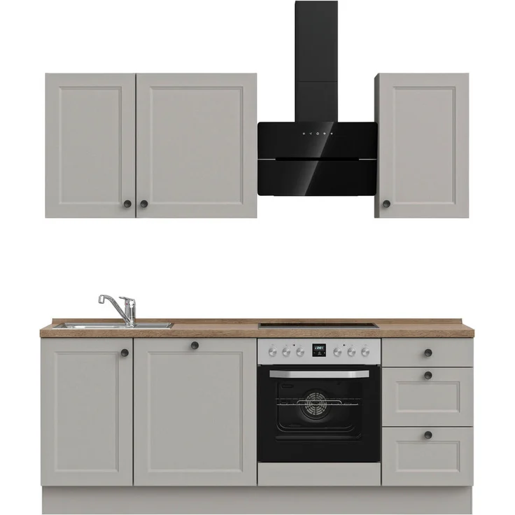 Nobilia Küchenleerblock Cascada, Grau, Eiche dunkel, 210 cm, 3 Schubladen, vormontierter Korpus, Blauer Engel, Made in Germany
