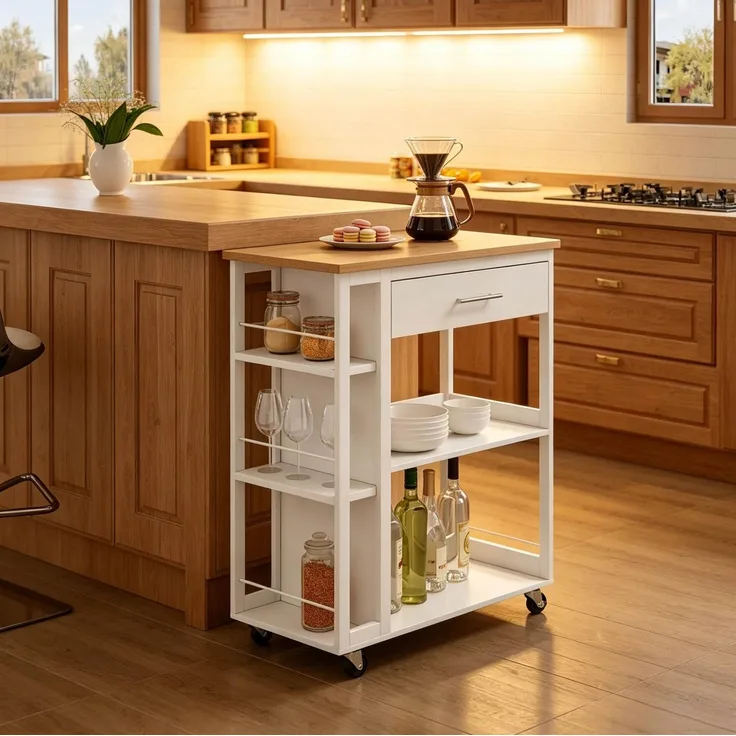 Küchenwagen aus MDF mit Schublade und Rollen, 73x38x88 cm, Weiß/Holzkorn