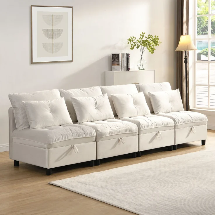 Schlafsofa mit 4 unabhängige Module, als 4-Sitzer, 2 Zweisitzer oder Schlafsofa nutzbar, Wolken-Sitzkomfort, Beige – Bild 2