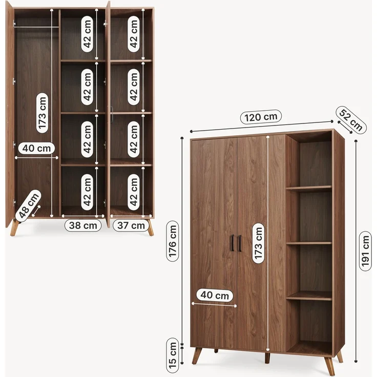 Kleiderschrank Norg 191x120x52 cm 2 Türen 8 Fächer Walnussoptik [en. casa] – Bild 2