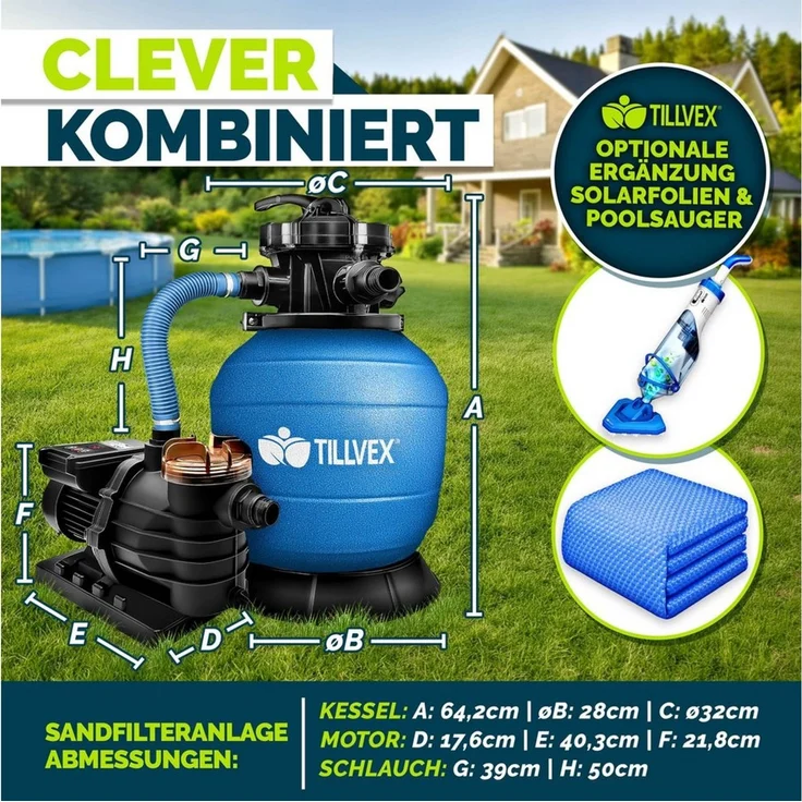 tillvex Sandfilteranlage 10 m³/h Filteranlage + 800g Filterbälle 7-Wege Ventil Poolfilter, Filterkessel mit Druckanzeige Sandfilter für Pool und Schwimmbecken – Bild 2