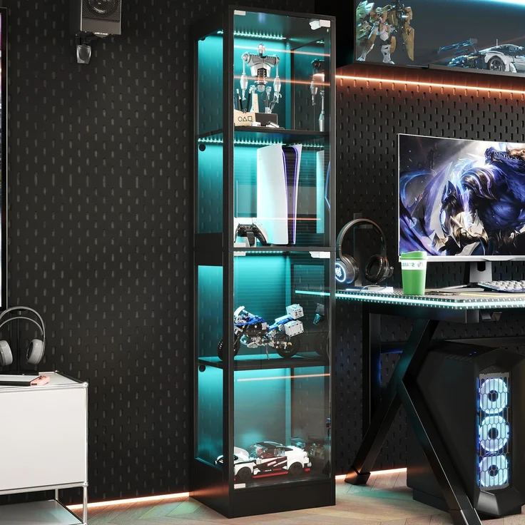 Merax 170 cm Einzeltür LED Vitrine, Gehärtetes Glas Sammlungsvitrine, App-gesteuertes LED-Licht, Vier Etagen Stauraum, Push-to-Open Tür, Schwarz – Bild 2