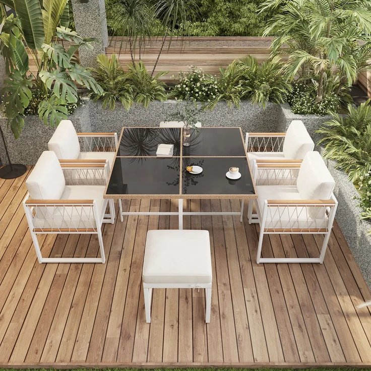 LVHOM 7-tlg. Garten-Essgruppe, Gartenmöbel Set mit Kissen, Gartenlounge-Set Akazie, Sitzgruppe Polyrattan, Loungeset Balkonset für 6 Personen – Bild 7