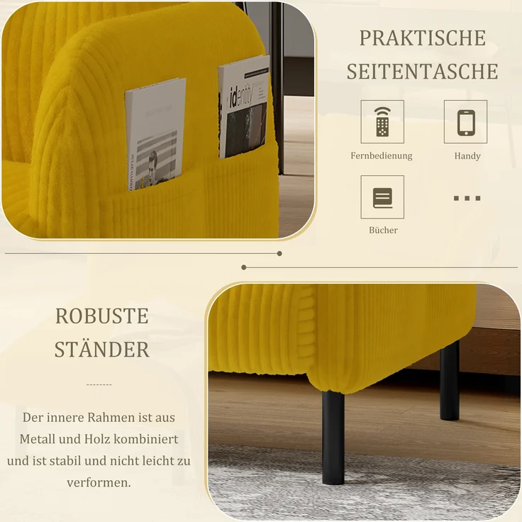 LVHOM 2-Sitzer Sofa mit Metallsockel, Doppelsofa Cordstoff mit Seitentaschen, Polstersofa Stoffsofa Sitzmöbel Loungesofa, 120x79x75cm – Bild 7