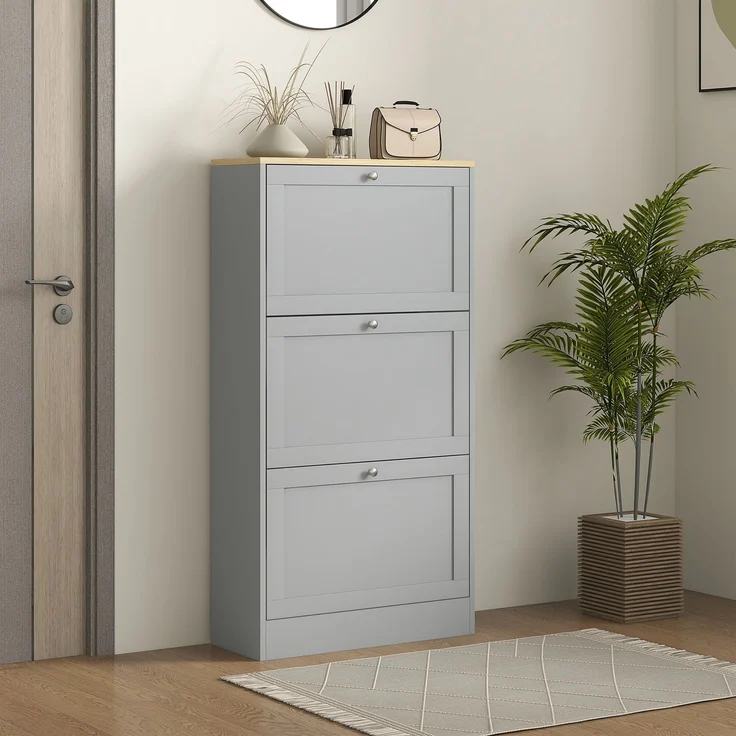 Schuhschrank für 18 Paar Schuhe, Schuhschrank mit 3 Klappschubladen, verstellbaren Einlegeböden, 60 x 23,5 x 115 cm, grau – Bild 4