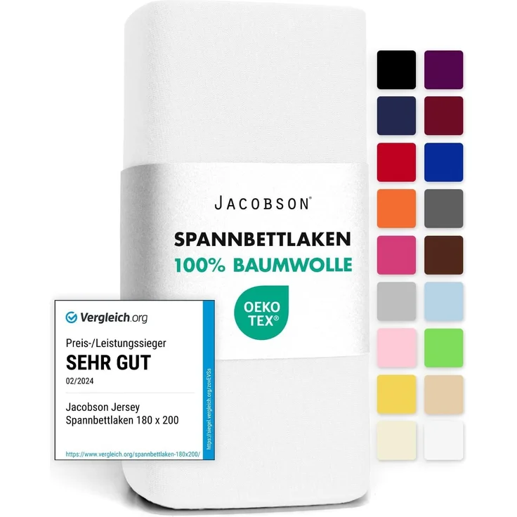 Jacobson Jersey Spannbettlaken Spannbetttuch Baumwolle Bettlaken (140x200-160x200 cm, Weiss) – Bild 1