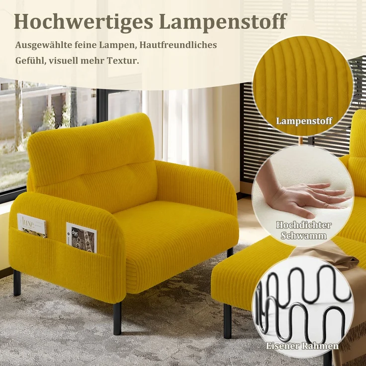 LVHOM Cord 3er-Set 2-Sitzer+Sessel+Hocker, Flexibel für Wohnzimmer Ecksofa mit Seitentaschen, Sitzgruppe Gelb – Bild 6