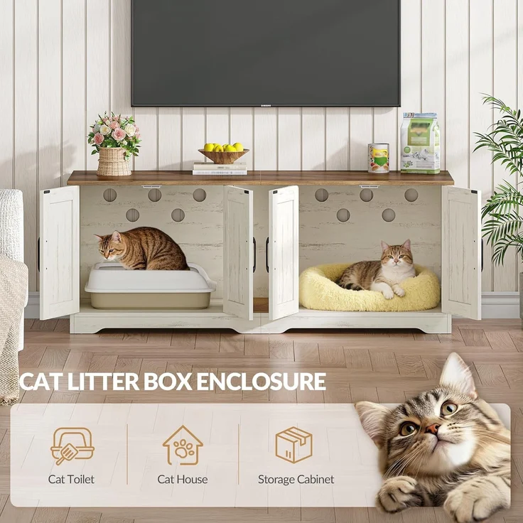Katzenklo Schrank für 2 Katzen, Katzenklo Versteckt Schrank Möbel, Katzenhaus Holz Beistelltisch mit Kratzmatte, für Wohnzimmer und Schlafzimmer, 140 x 50 x 55 cm, Braun & Weiß – Bild 3