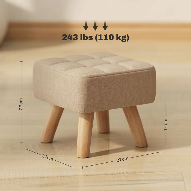 Fußhocker für das Wohnzimmer, gepolsterter Sitz aus Stoff mit Holzbeinen, 27 x 27 x 26 cm, hellbraun – Bild 5