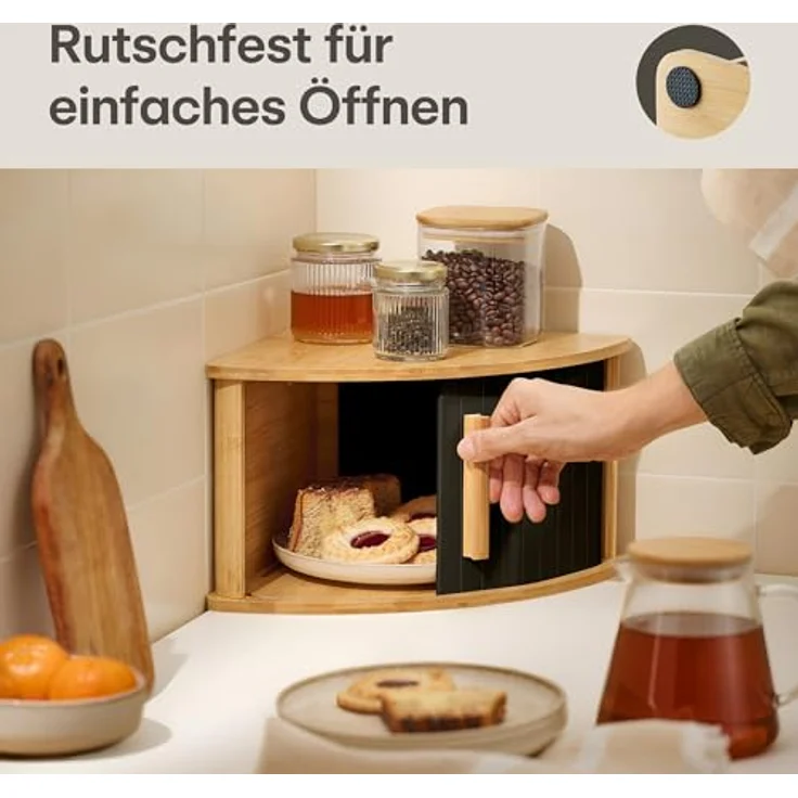 Praknu Brotkasten HAUPT Eckbrotkasten, Bambus, Holz, (Einzelartikel, 1-tlg, Nein), FSC®-zertifiziert, platzsparendes Eckformat, Schiebetür beidseitig – Bild 6