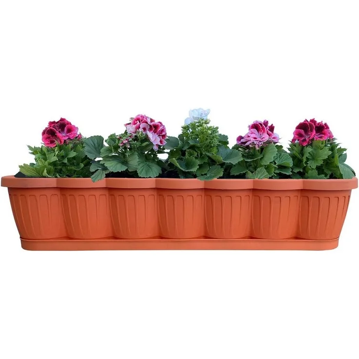 1er Set 80cm Blumenkasten Balkonkasten Pflanzkasten Terracotta im Wellendesign inkl. passenden Bewässerungsuntersetzer