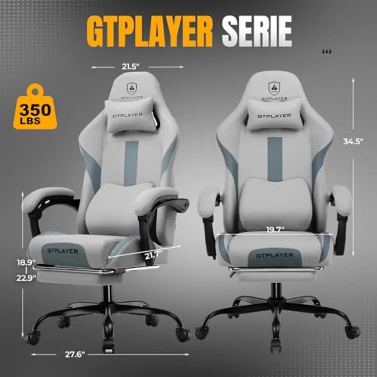GTPLAYER Gaming-Stuhl Ergonomischer Gaming Sessel Schreibtischstuhl Gamer Stuhl aus Stoff, Federsitzkissen mit Fußstütze – Bild 3