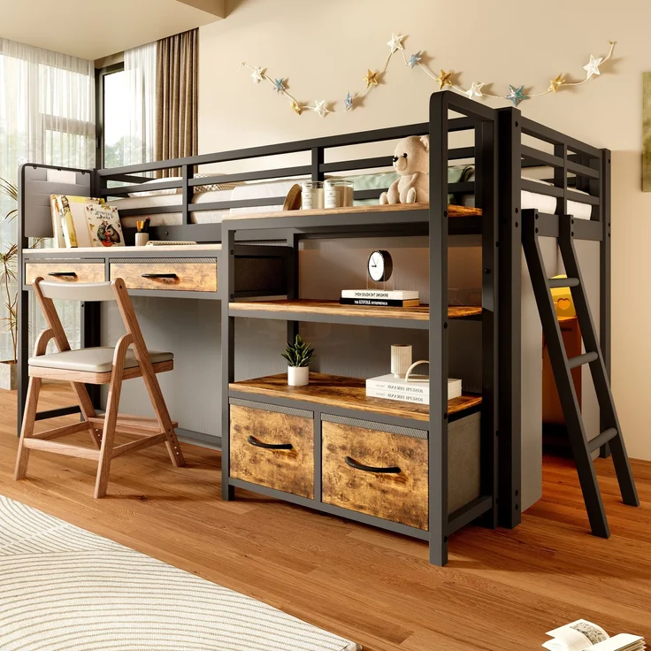 ZUBALIYA Hochbett 90x200 cm mit Schreibtisch, Stauraum und Stoffschubladen, Kinderbett aus Metall mit Vorhang, mehrschichtigem Regal und LED-Licht, Schwarz – Bild 1