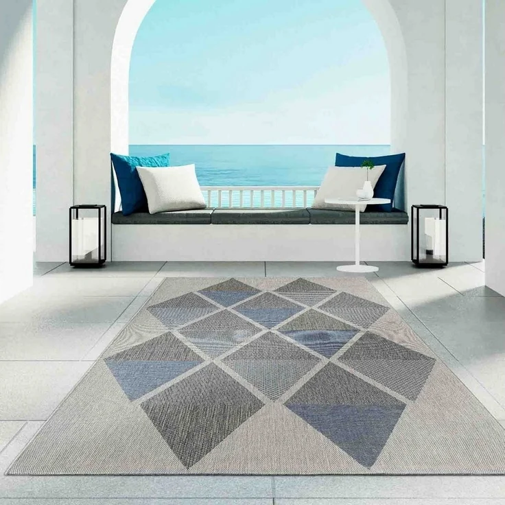 TaraCarpet Teppich Regina Teppich aus robustem Flachgewebe für In und Outdoor, rund, Höhe: 7 mm, Küche Wohnzimmer Terrasse Garten Balkon Karo blau 120X120 – Bild 1