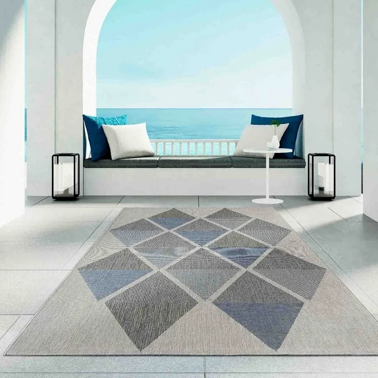 TaraCarpet Teppich Regina Teppich aus robustem Flachgewebe für In und Outdoor, rund, Höhe: 7 mm, Küche Wohnzimmer Terrasse Garten Balkon Karo blau 120X120
