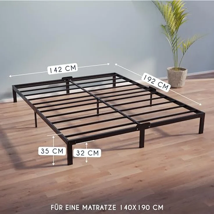 Dreamzie Bettgestell 140x190 mit Lattenrost aus Metall - Bett 140x190 für Matratze, Höche 35 cm - Großer Stauraum, Leicht zu Montieren und Stabil - Schwarzer Lattenrost – Bild 3