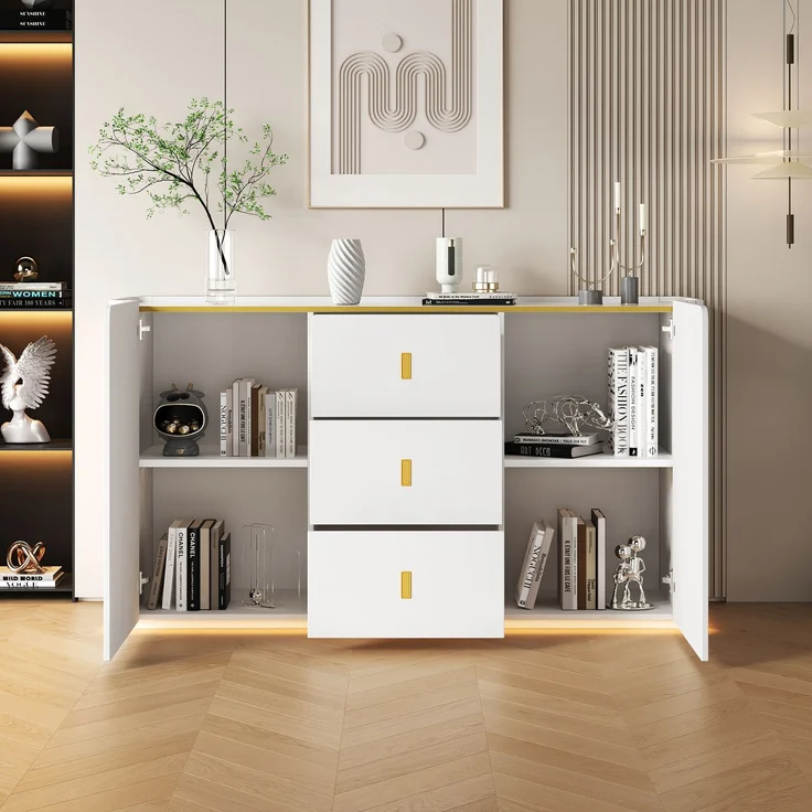Sideboard 150 x 35 x 80 cm aus Spanplatte in Weiß mit 3 Schubladen, 2 Türen und LED-Beleuchtung – Bild 1