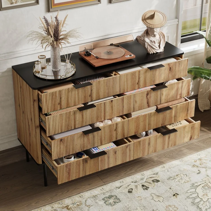 Merax Sideboards, Schränke, Lagerschränke, Kommode, geeignet für Wohnzimmer/Esszimmer/Eingang, 120 x 39,5 x 80cm (B/H/T) Natur und Schwarz – Bild 2