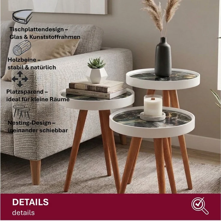 HOOZ Beistelltisch SSatztisch 3er Set Beine Holz rund Ø 38cm, Höhen: 47/ 53/ 59cm Schwarz (Set, 3-St, 3× Sofatisch), Platzsparendes 3er Couchtisch Set – flexibel ineinander schiebbar – Bild 2