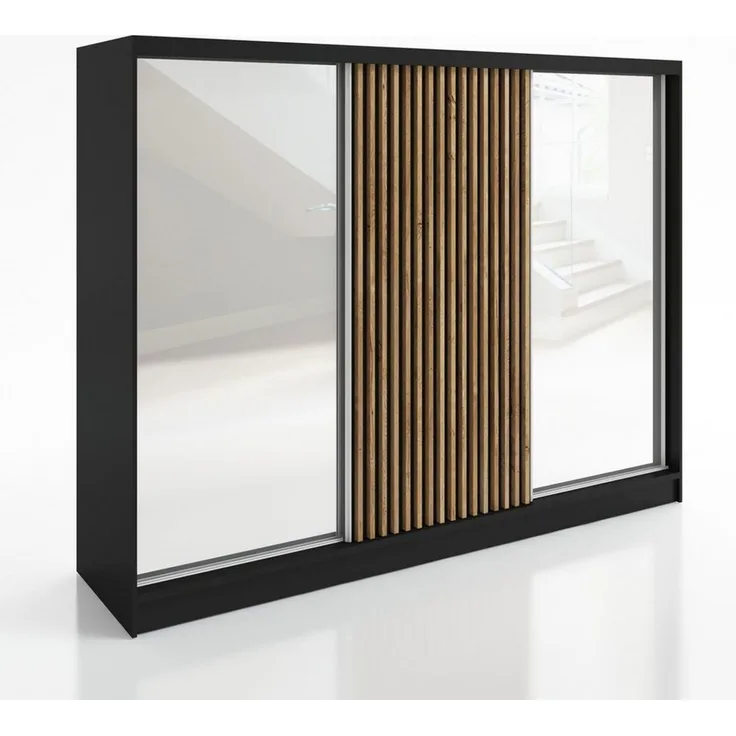 A&J MöbelLand GmbH Schiebetürenschrank DIVER 200 cm mit 3D-Lamellen und Spiegelfront (TOP ANGEBOT! Geräumiger Schrank mit einer Breite von 200 cm ideal zur Aufbewahrung von Kleidung und Accessoires. Wählen Sie das ideale Modell für Ihr Schlafzimmer!, T...