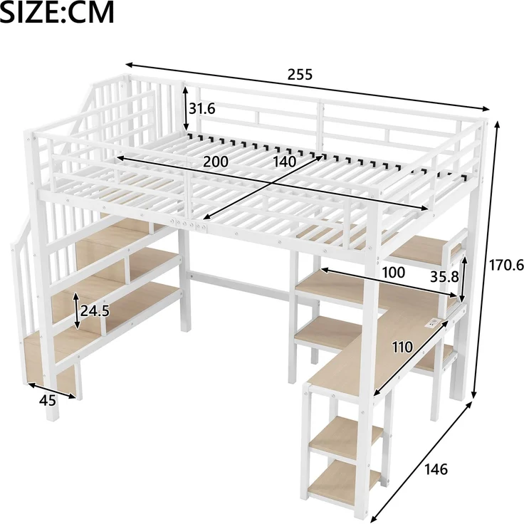 140x200 Metall-Hochbett mit Treppe, integriertem Schreibtisch, Staufächern, USB-Ladestation und LED-Licht, Weiß – Bild 6