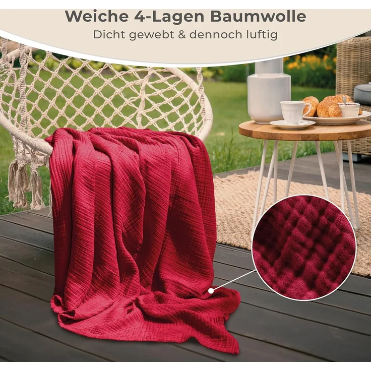 LAYNENBURG Premium Musselin Tagesdecke 220x240 cm XXL - 100% Baumwolle - extraweiche Baumwolldecke als Kuscheldecke, Bett-Überwurf, Sofa-Überwurf, Couch-Überwurf - warme Sofa-Decke (Bordeaux) – Bild 6