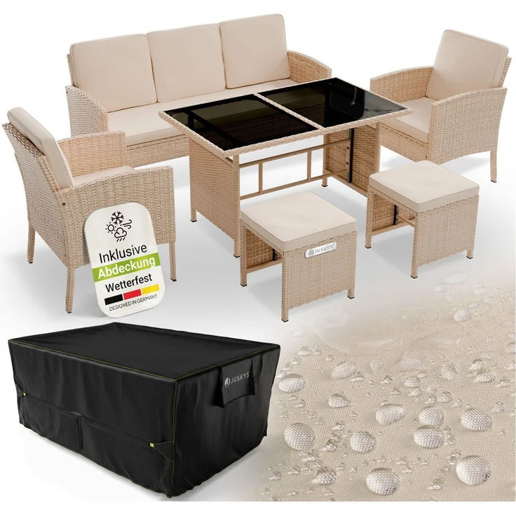 Juskys Polyrattan Gartenmöbel Sitzgruppe Turin Set 6 teilig inkl. Abdeckung - 7 Personen - Outdoor Möbel mit Sessel, Hocker, Tisch & Kissen - Garten Loungemöbel Creme / Sand – Bild 1
