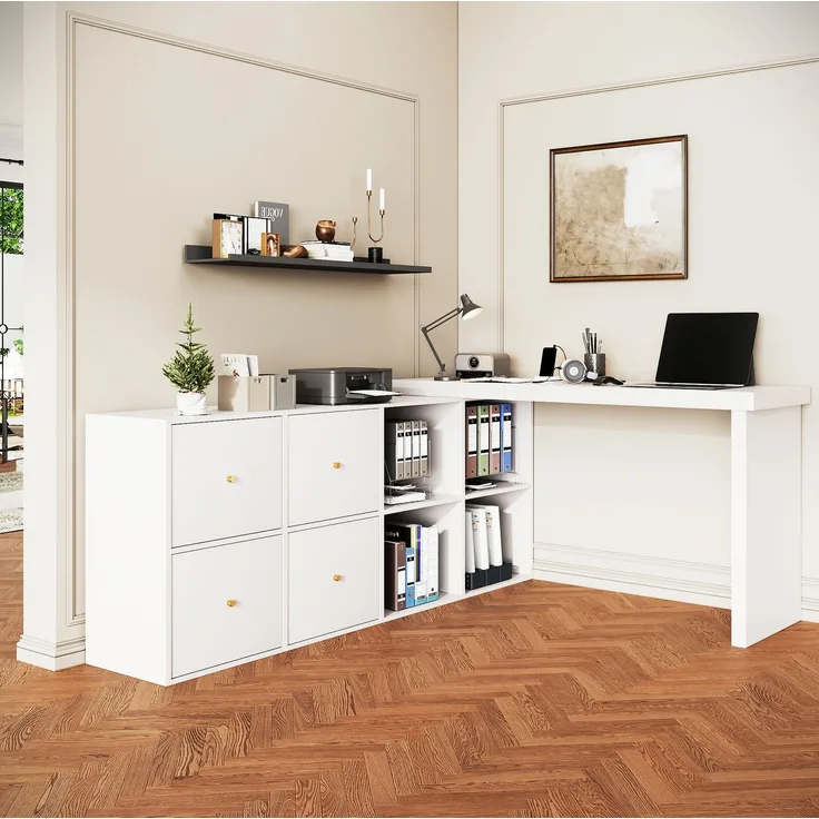 Ecktisch mit 360° schwenkbarer Tischplatte und 8 Fächern aus MDF, 120x48x78 cm, Weiß