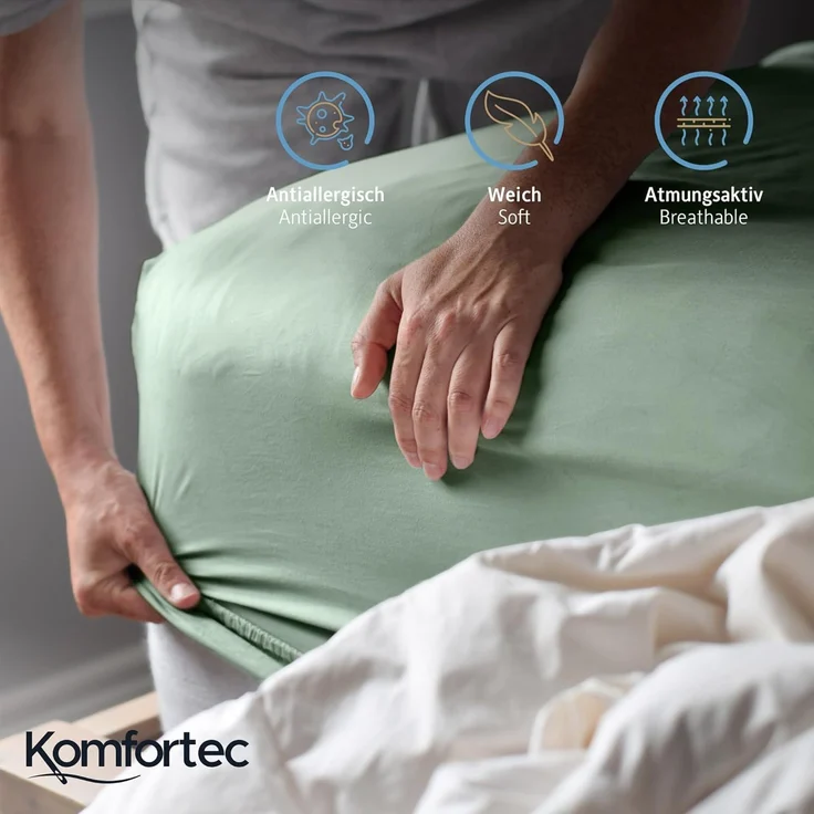 Komfortec Spannbettlaken Jersey 100% Baumwolle – 160x200 cm – 135g/m² – Weich, Atmungsaktiv & Hautfreundlich – Mit Rundumgummi – Oeko-Tex Zertifiziert – Für Boxspring, Topper & Matratzen – Grün – Bild 3