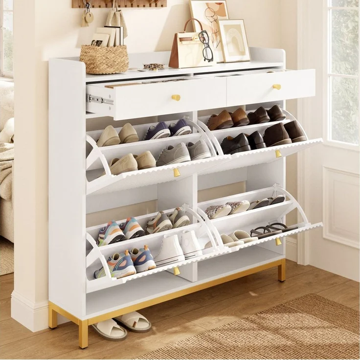 Flieks Schuhschrank Schuhkommode mit 4 Klappen und verstellbaren Einlegeböden (für ca. 16 Paar Schuhe, mit Metallgriffen und Metallfüßen, 1-St, B106,5×H107×T25 cm) Schuhkipper Schuhregal mit Arbeitsplatte, Schubladen Flurschrank Weiß – Bild 4