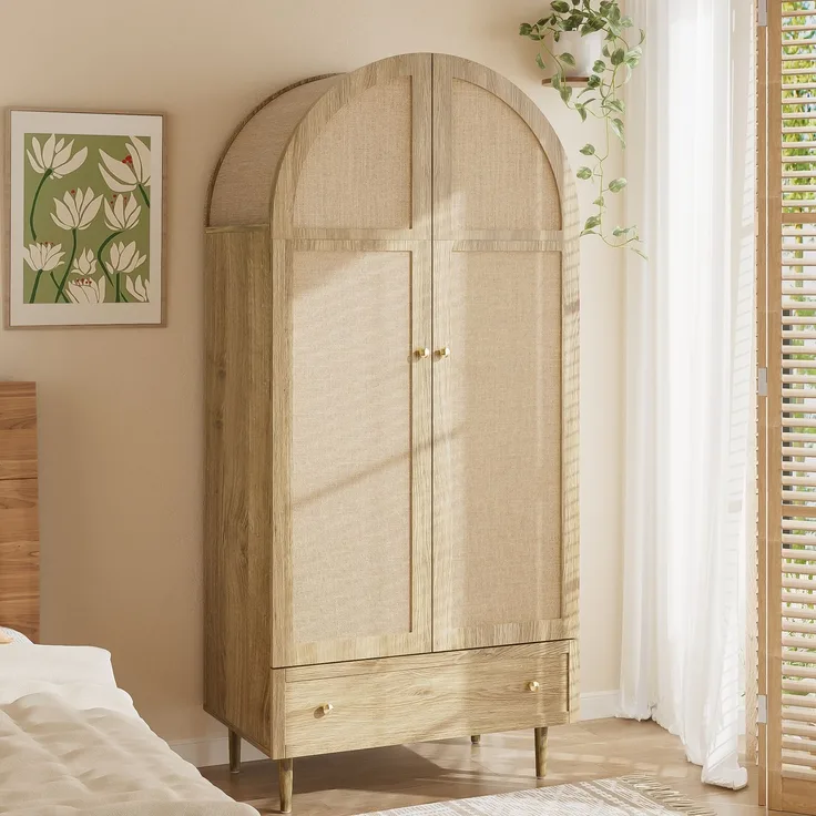 Kleiderschrank mit Schubladen, Holztüren mit Leinenstoff-Bezug, großer Stauraum, Garderobenschrank für Schlafzimmer, moderne Aufbewahrungslösung