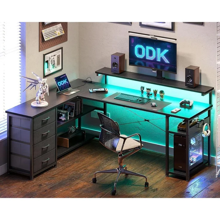 ODK Eckschreibtisch LED 2 Steckdosen 2 USB Ladeanschluss 155x110cm Schwarz – Bild 2