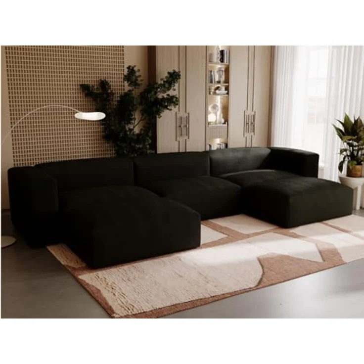 GrainGold Ecksofa U-Form LANDI - 340x180 cm, Schwarz, Universal, Wellenfedern, T25-Schaum – Bild 5