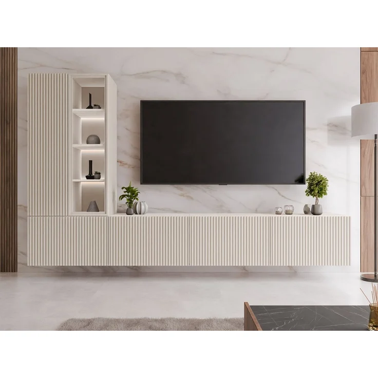 MIRJAN24 Wohnwand Tiwori, mit zwei Drehtüren, vier Klappen & weißer LED-Beleuchtung, 260 x 41 x 155-157 cm – Bild 3